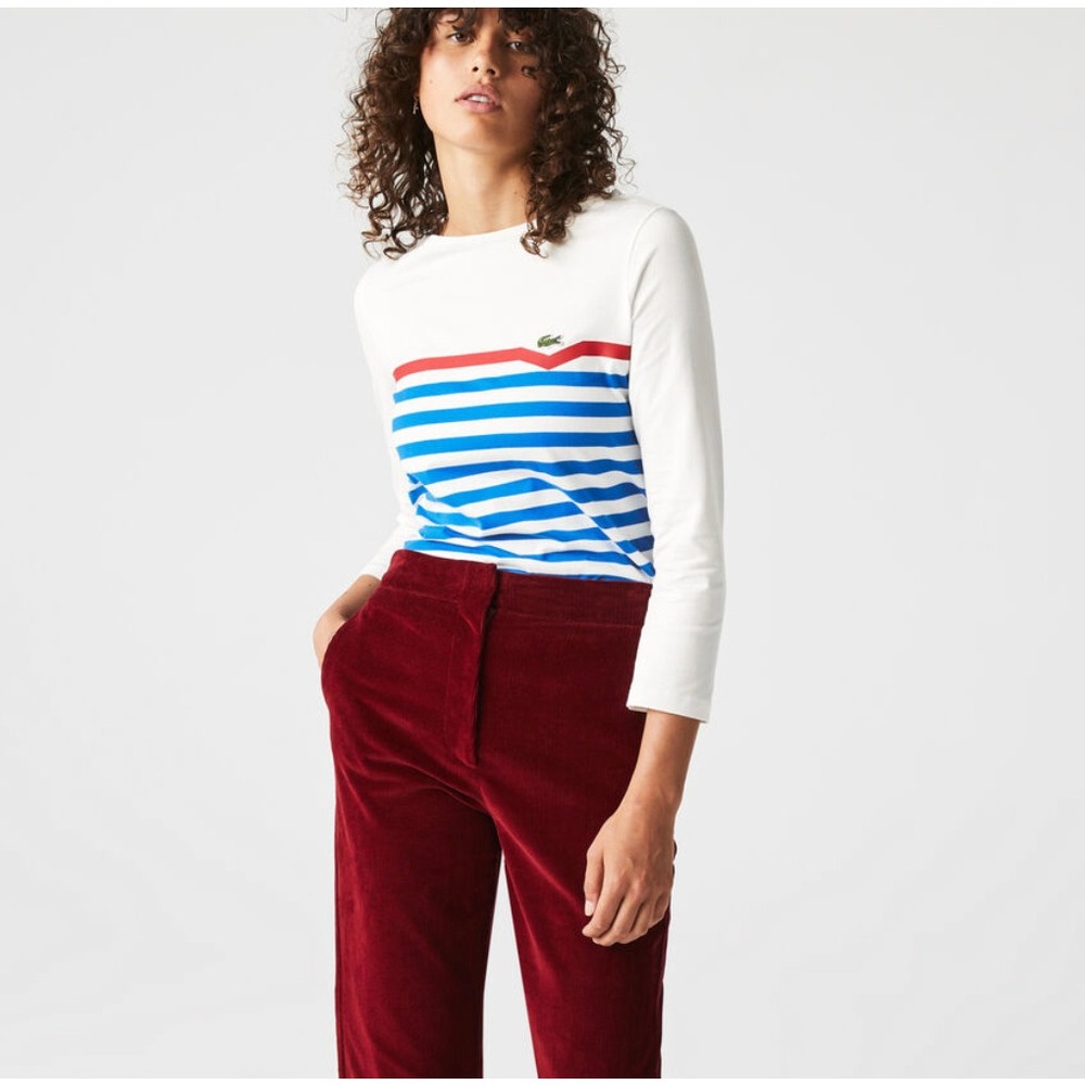 Lacoste Made In France Striped Organic Cotton Boatneck Long Sleeve T Shirt sz L